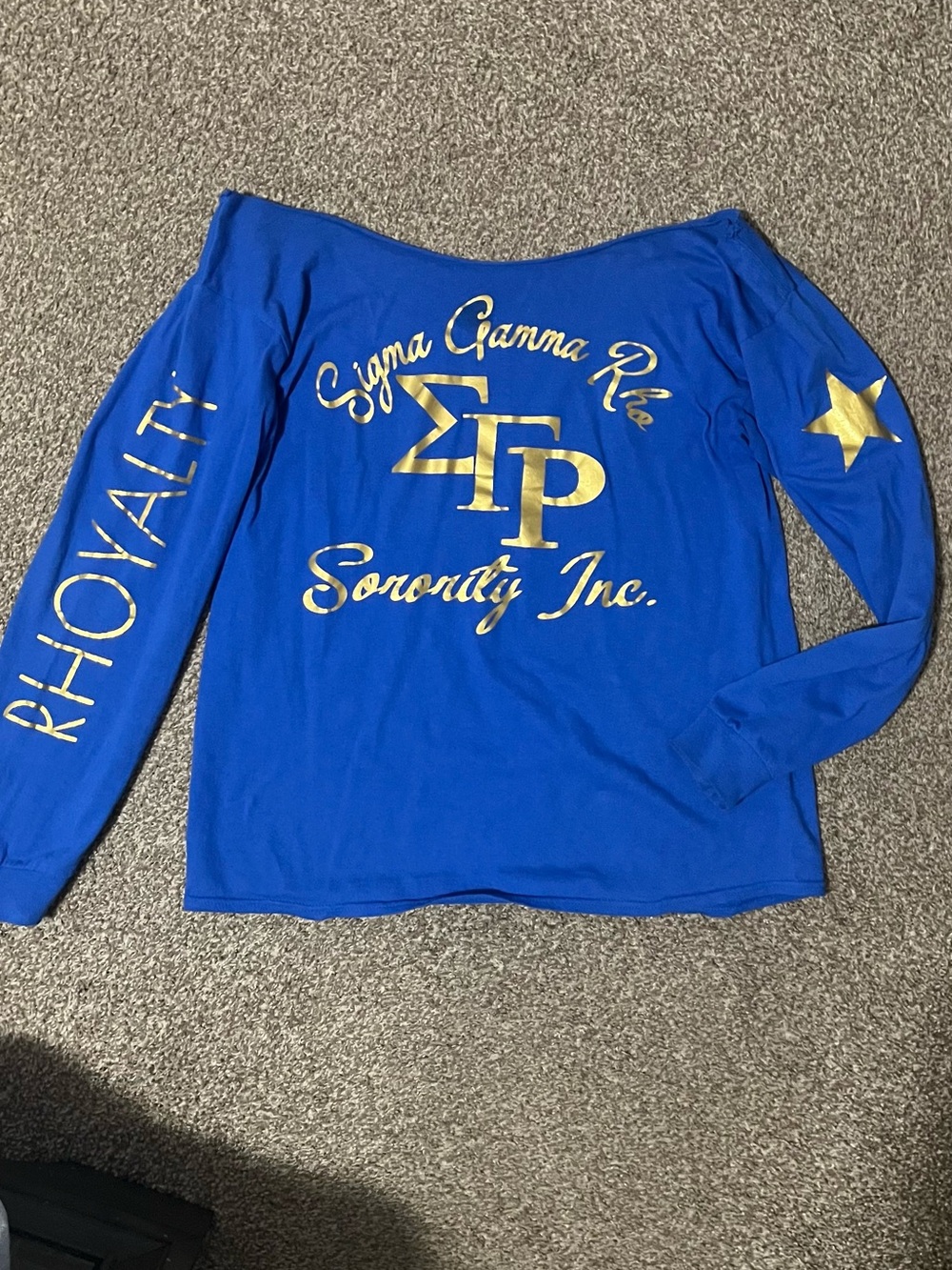 Sigma Gamma Rho Royal Blue Gold Long Sleeve Off-Shoulder Top